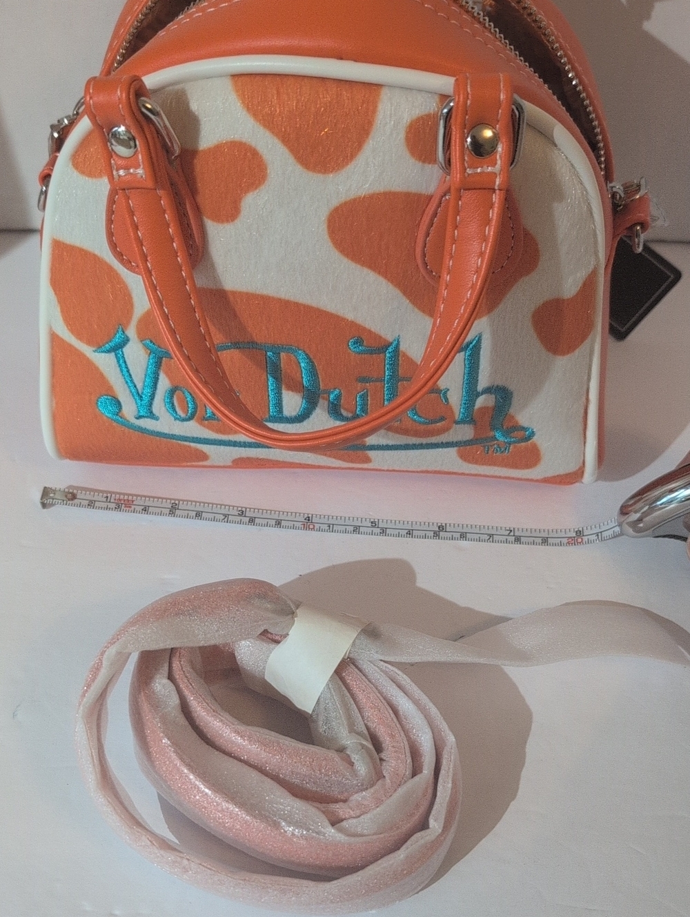 NWT Von Dutch Orange Cowprint Bowling Bag Satchel/ Crsbdy with Turquoise Logo - Picture 9 of 9